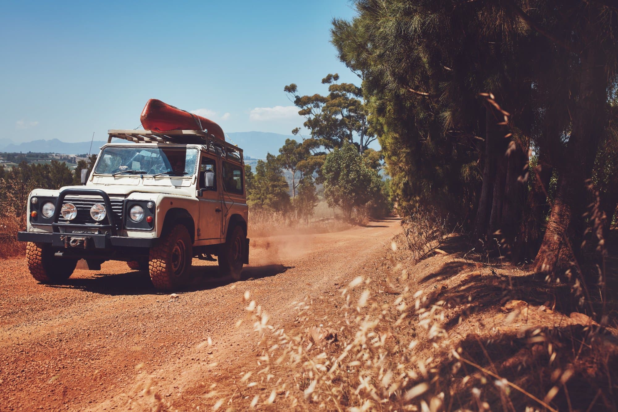 A four-wheel drive with a canoe on a dirt road