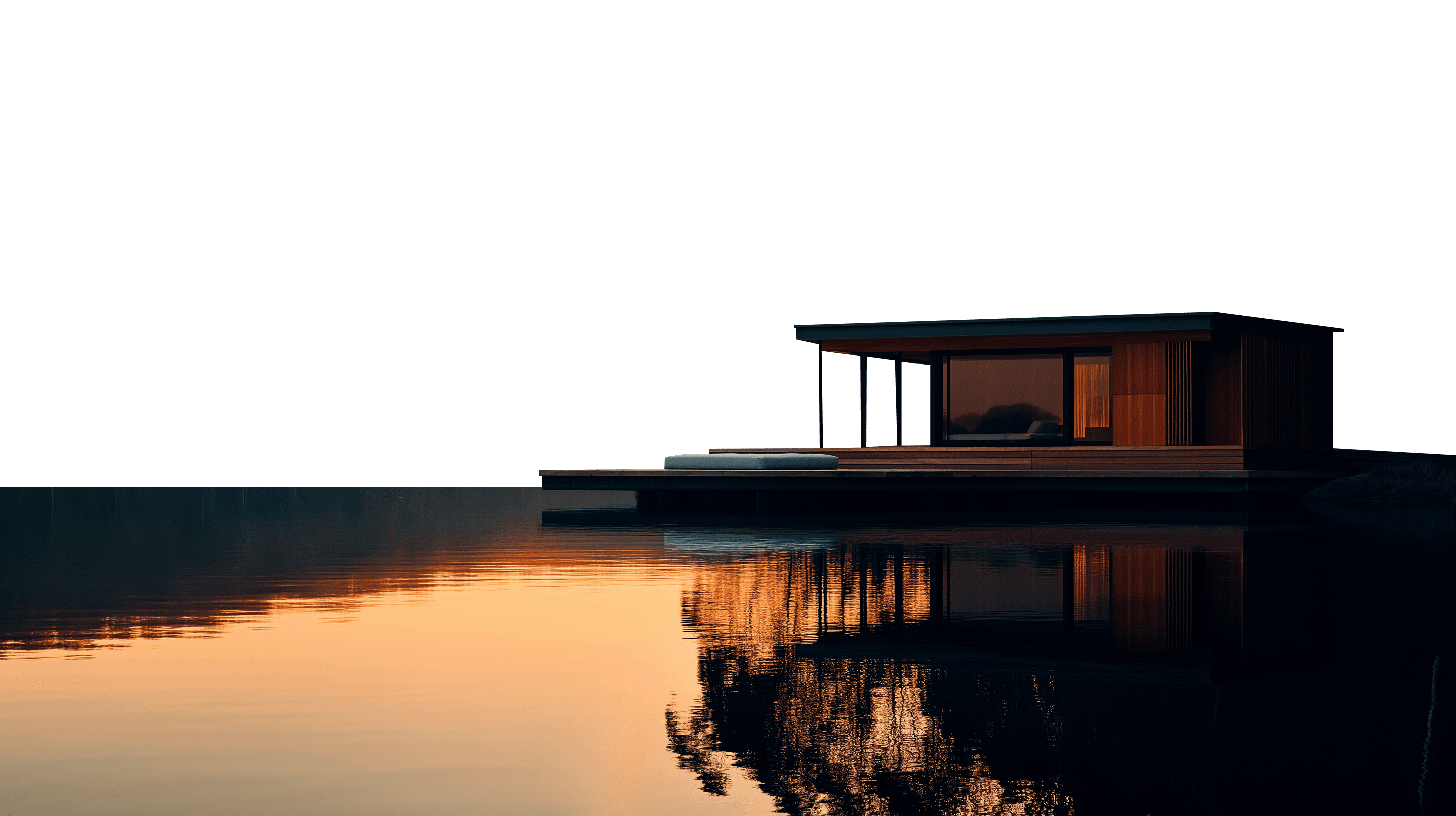 A cabin reflected in water at dusk