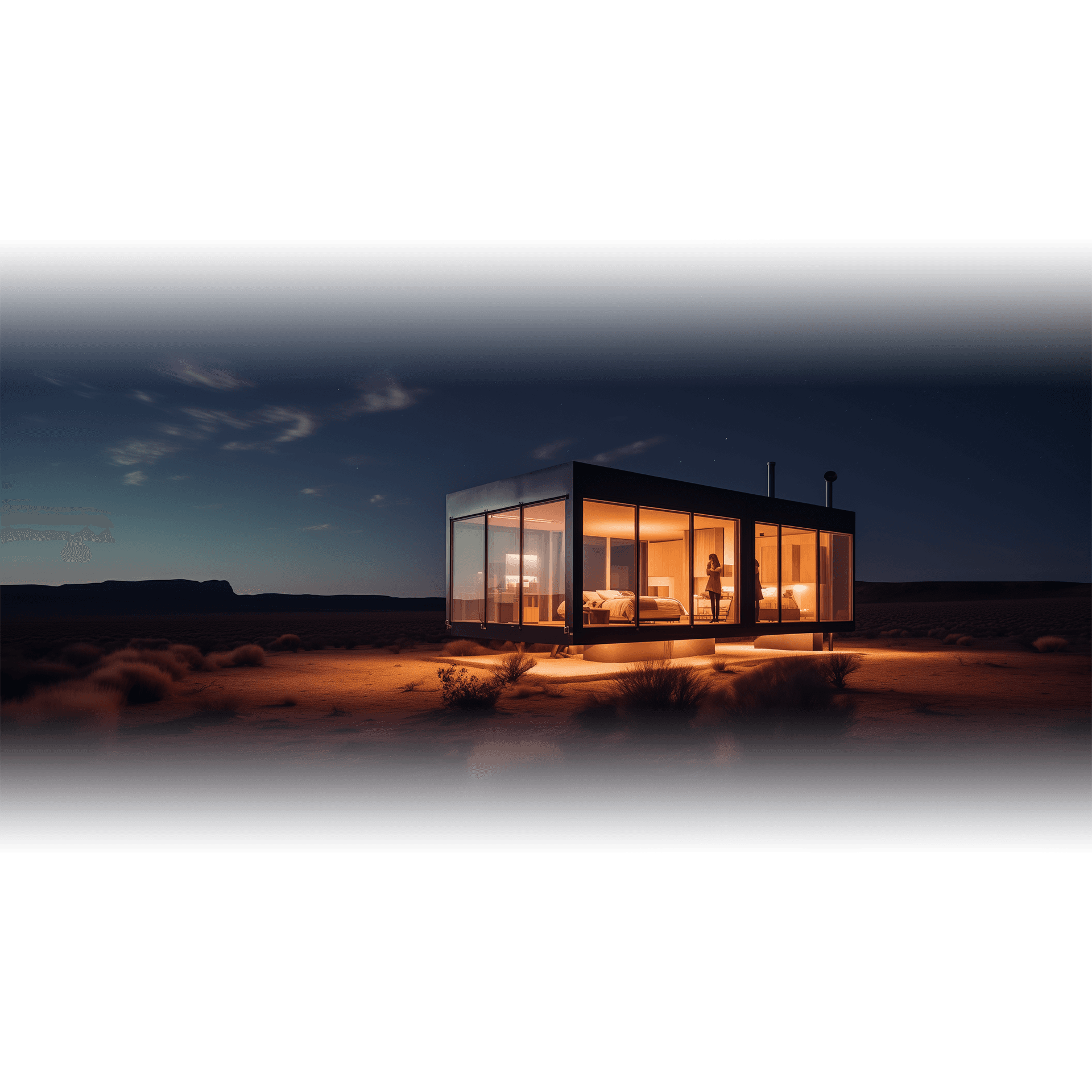A glass cabin lit at night in open country