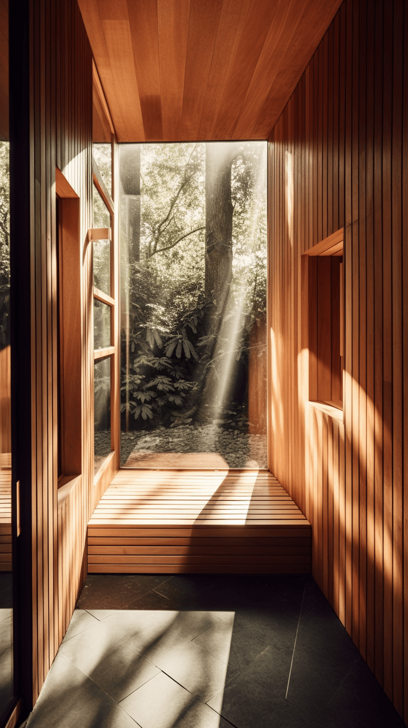 A timber room with morning light coming through a window onto trees